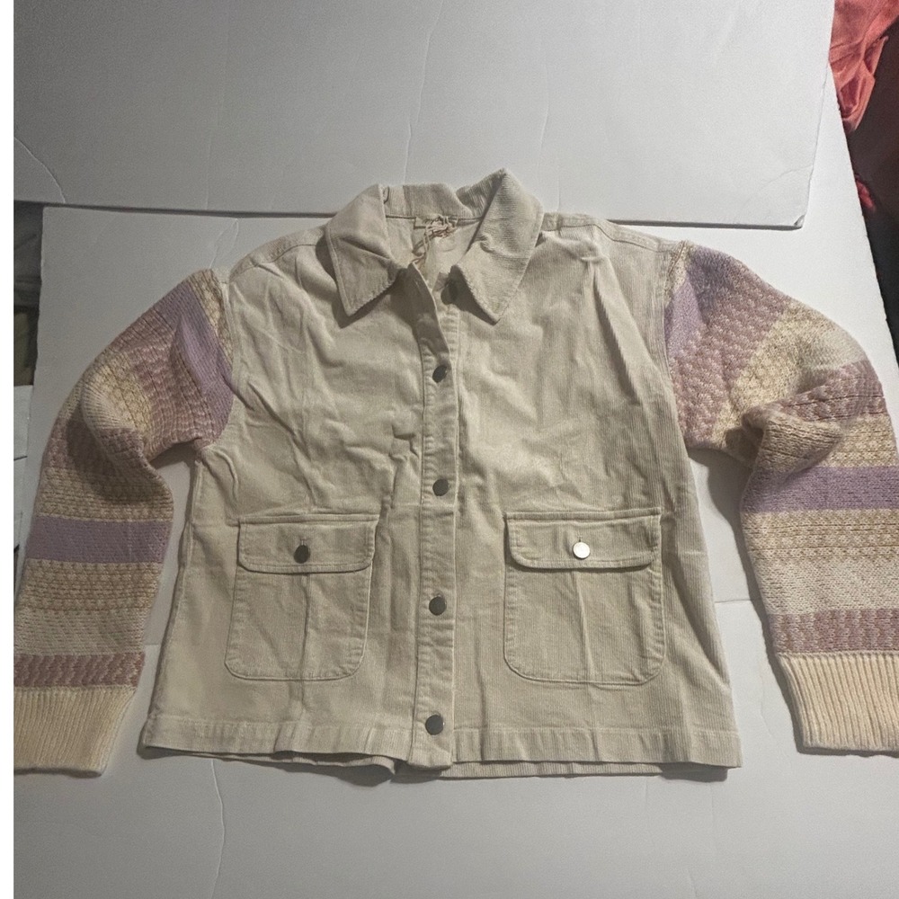 Womens Cream Corduroy Jacket Lavender Knit Striped Sleeves Mixed Media Shacket